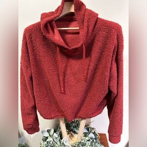 Women’s Burnt Red Teddy Bear Sherpa Cropped Hoodie Sweatshirt Size L